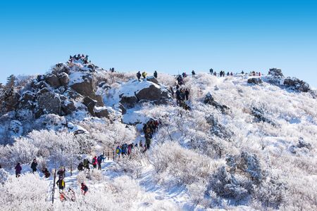 DEOGYUSAN,KOREA - JANUARY 23: Tourists taking photos of the beautiful scenery around Deogyusan,South Korea on January 23, 2015.のeditorial素材
