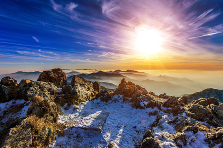 Winter landscape with sunset and foggy in Deogyusan mountains, South Korea.の写真素材