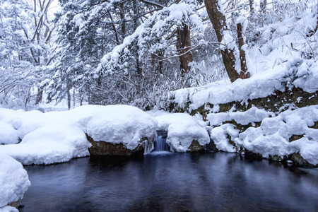 Winter landscape, Waterfall and river on the forest in winter.の写真素材