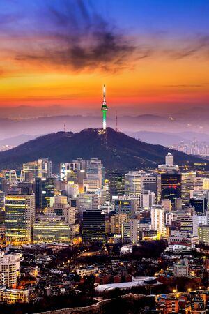 View of downtown cityscape and Seoul tower in Seoul, South Korea.の写真素材