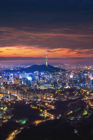 View of downtown cityscape and Seoul tower in Seoul, South Korea.の写真素材