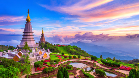 The best of landscape in Chiang Mai. Pagodas Noppamethanedol & Noppapol Phumsiri at sunset in Inthanon mountain, Thailand.のeditorial素材