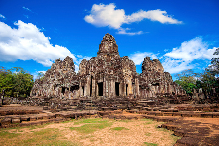 Ancient stone faces of Bayon temple, Angkor Wat, Siam Reap, Cambodia.の写真素材