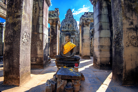 Ancient stone faces of Bayon temple, Angkor Wat, Siam Reap, Cambodia.の写真素材