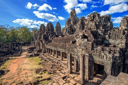 Bayon Temple with giant stone faces, Angkor Wat, Siem Reap, Cambodia.の写真素材