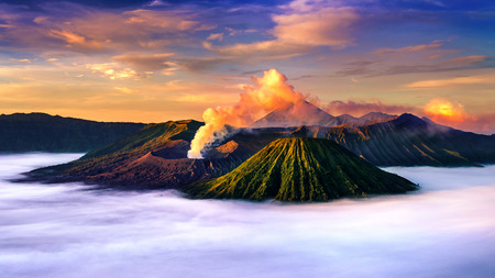 Mount Bromo volcano (Gunung Bromo) during sunrise from viewpoint on Mount Penanjakan in Bromo Tengger Semeru National Park, East Java, Indonesia.の写真素材