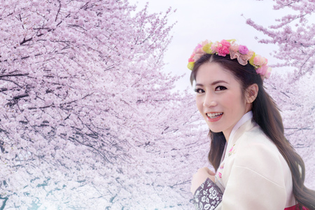 Asian woman wearing traditional korean hanbok with cherry blossom background.の写真素材