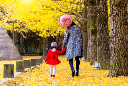 Nami island in Autumn with Mother and daughter, South Korea.の写真素材