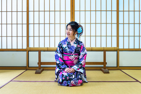 Asian woman wearing japanese traditional kimono in Japan.の写真素材