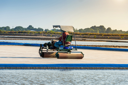 Salt farm with salt roller car in salt field.の写真素材