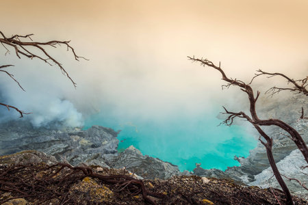 Sulfur fumes from the crater of Kawah Ijen Volcano in Indonesiaの写真素材