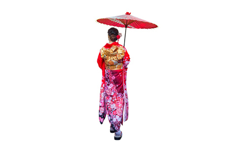 Asian woman wearing japanese traditional kimono with umbrella on white background.の写真素材
