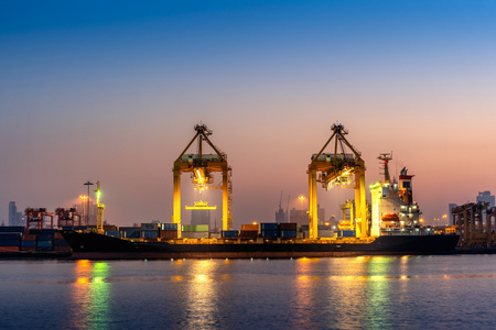 Industrial port with containers, Shipping cargo to harbor.