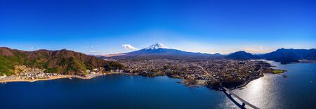 Panorama of aerial view Fuji mountain and kawaguchiko lake in Japan.の写真素材