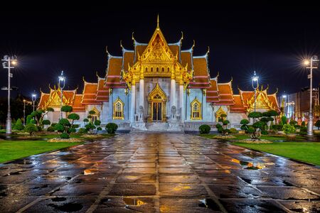 Wat Benchamabophit or the Marble Temple at night in Bangkok, Thailand.の写真素材