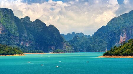 Beautiful mountains in Ratchaprapha Dam at Khao Sok National Park, Surat Thani Province, Thailand.の写真素材