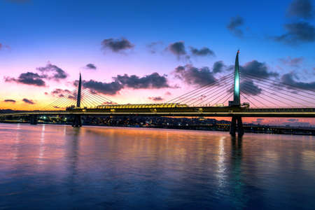 Halic metro bridge at twilight in Istanbul city, Turkey.の写真素材