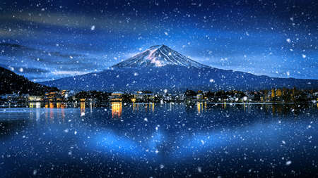 Snow falling at Fuji mountain, Winter season in Japan.の写真素材