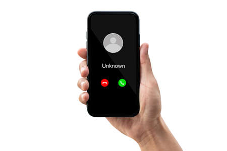 Phone call from unknown number. Man getting a call on phone from an unknown number.の写真素材