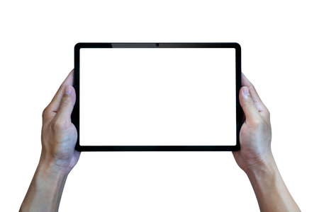 Hands holding digital tablet isolated on white background, Smart tablet.の写真素材