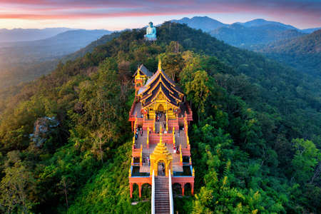 Aerial view of Wat Phra That Doi Phra Chan temple in Lampang, Thailand.の写真素材