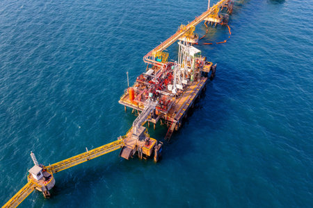 Aerial view of offshore oil and gas rig drilling.の写真素材