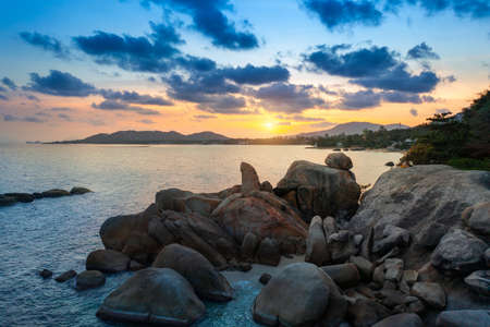 Grandfather and grandfather rock (Hin Ta and Hin Yai Rocks) on the Lamai Beach, Koh Samui, Thailand.の写真素材