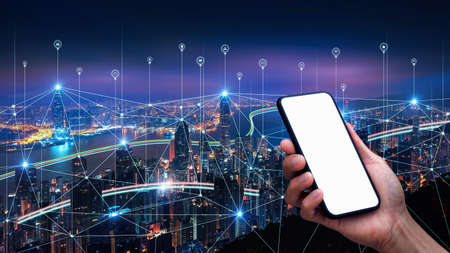 Smart connection network system, smart city network concept, 5G wireless connection.の写真素材