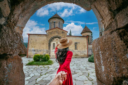 Tourist visiting at Motsameta monastery near Kutaisi, Georgia.の写真素材