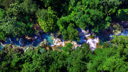 Aerial view of Kuang Si Waterfall in Luang Phabang, Laos.の写真素材