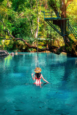Tourists Enjoy with Blue lagoon in Vang Vieng, Laos.の写真素材