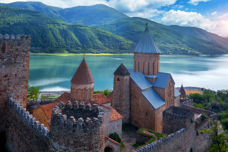 Aerial view of Ananuri Fortress Complex in Georgia.のeditorial素材