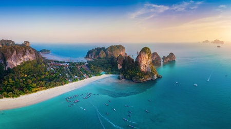 Panorama of Railey Beach at sunset, Krabi, Thailand.の写真素材