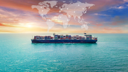 Aerial view of a large container cargo ship in ocean.の写真素材