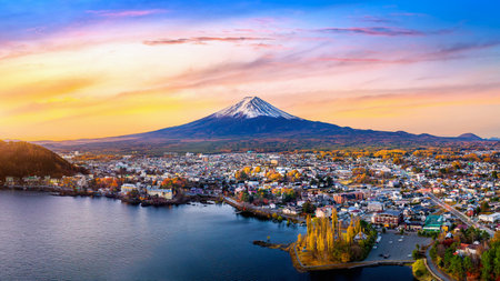 Fuji mountain and Kawaguchiko lake at sunrise, Autumn seasons Fuji mountain at yamanachi in Japan.の写真素材