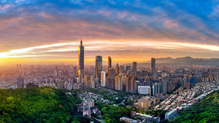 Panorama of Taipei cityscape at sunset in Taiwan.の写真素材