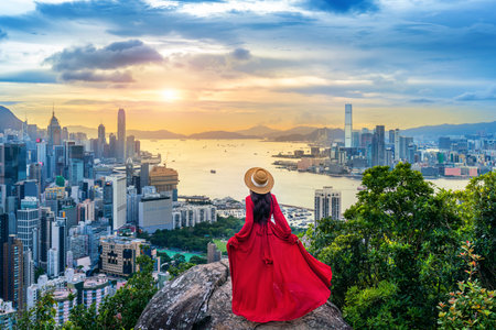 Tourist standing on viewpoint in Hong Kong.の写真素材