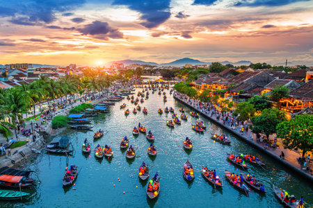 Aerial view of Hoi An ancient town at twilight, Vietnam.の写真素材