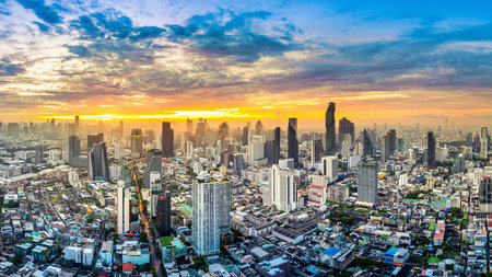 Aerial view of Bangkok city at sunrise, Thailand.の写真素材