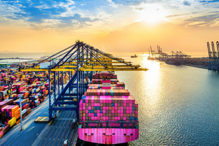 Cargo ship and cargo container in harbor.の写真素材