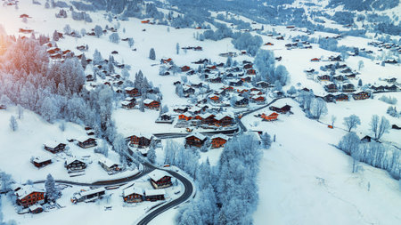Aerial view of Grindelwald  in winter, Switzerland.の写真素材