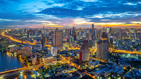 Aerial shots of Traffic and skyscraper in Bangkok, Thailand.の写真素材