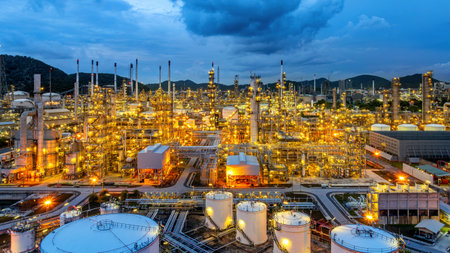 Aerial shots of Oil refinery, Oil Industry at night.の写真素材