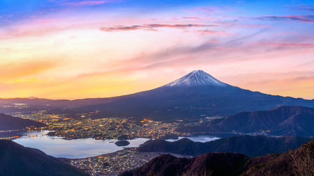 Aerial shots of Fuji mountains before sunrise in Japan.の写真素材