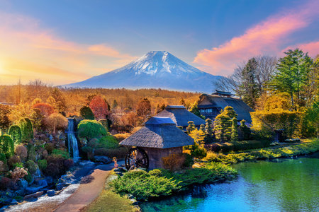 Fuji mountains and ancient village in autumn, Japan.の写真素材