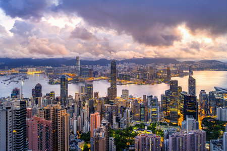 Aerial shots of Hong Kong city at sunrise.の写真素材