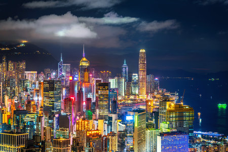 Aerial shots of Hong Kong city at night.の写真素材
