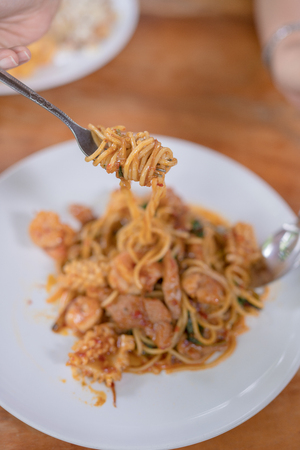 spicy squid spaghettiの写真素材