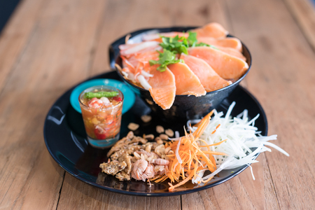 vegetable salad with  salmon and papaya saladの写真素材