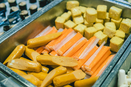 crab stick , tofu and hotdog for buffetの写真素材